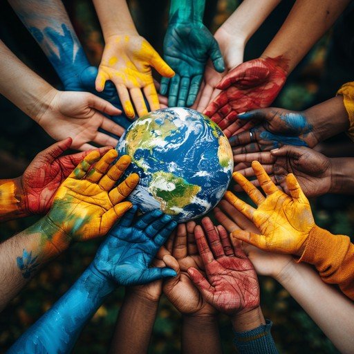 Painted hands from many people reaching together around the Earth