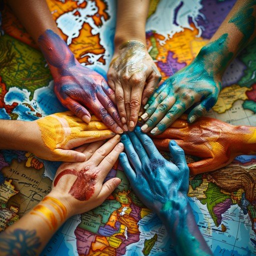 Painted hands joined together over a world map